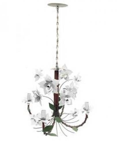 aff9jb9dgc-Lustre para Sala de Estar Artesanal de Ferro com Flores de Lata - Branco